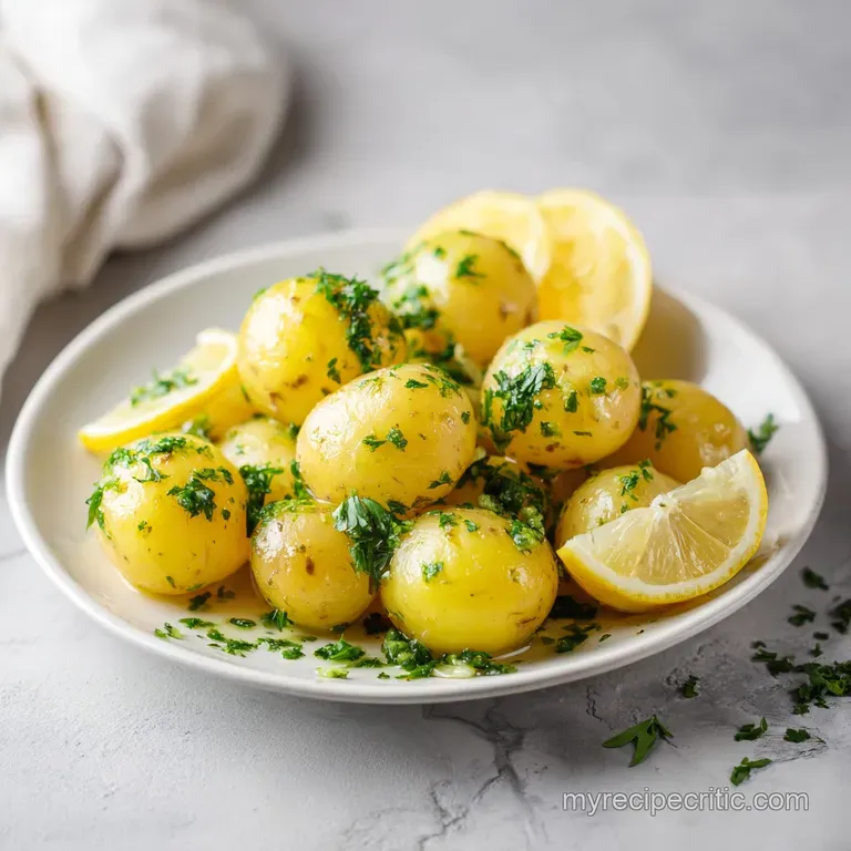 A rustic cast-iron skillet piled high with tender, golden-brown lemon potatoes, scattered with fresh parsley.