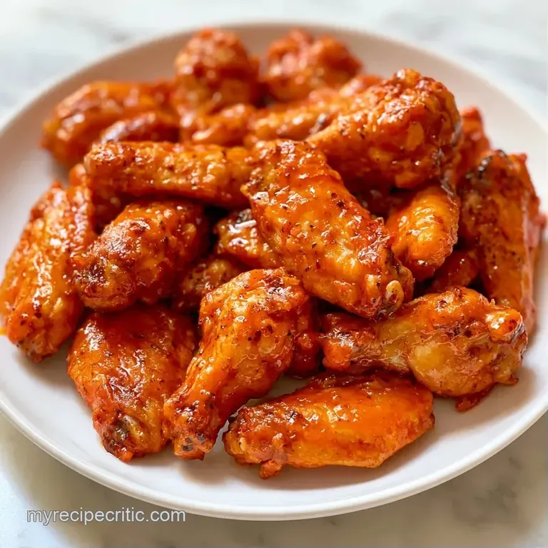 Crispy glazed wings arranged on a white plate with chilled celery sticks and a side of creamy white dipping sauce.