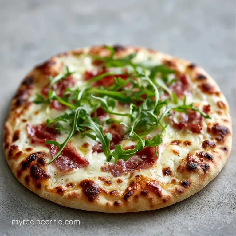 Slices of cheesy flatbread on a rustic wooden board with fresh arugula and a side of rich red marinara sauce.