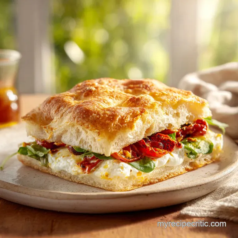 A thick slice of focaccia, glistening with olive oil, artfully arranged with fresh herbs and a side salad.