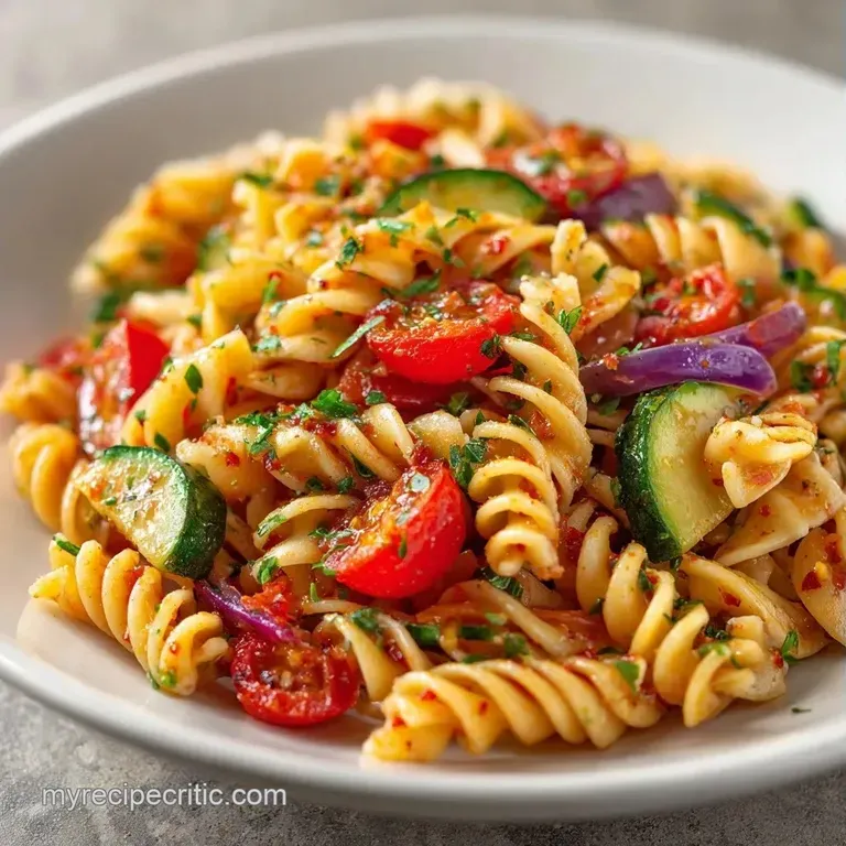 Neatly plated pasta mixed with vibrant diced vegetables and fresh parsley on a matte grey ceramic dinner plate.