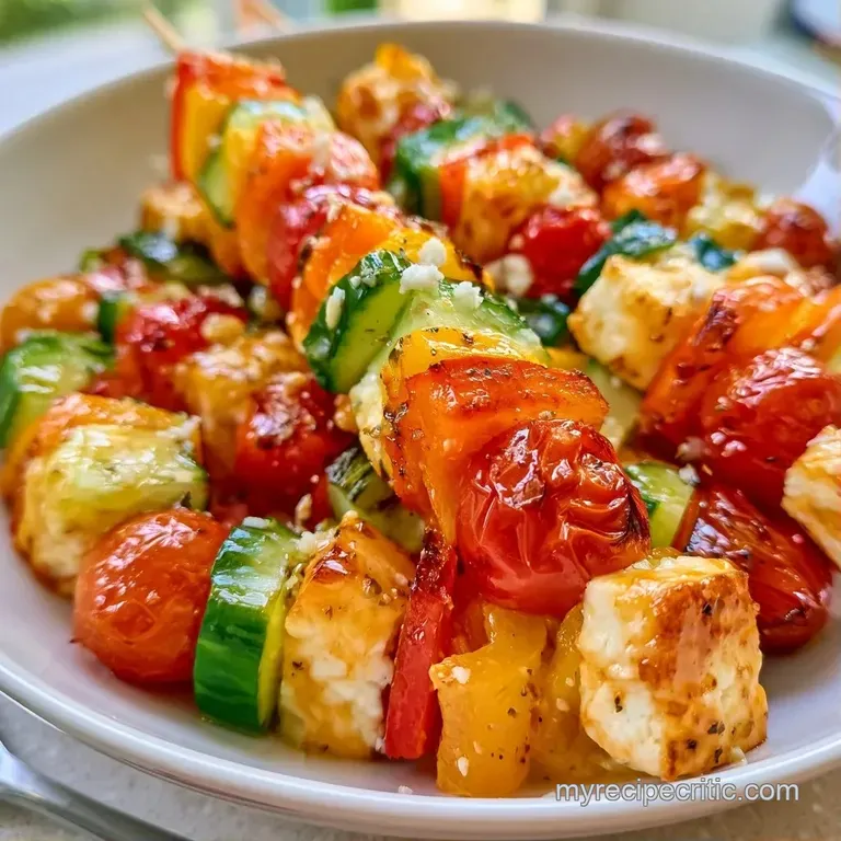 Neatly arranged colorful veggie skewers on a dark slate board, paired with a small bowl of creamy white dip.