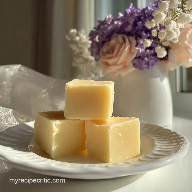Neatly cut fudge squares, glistening and smooth, presented on a delicate china plate, inviting a sweet indulgence.