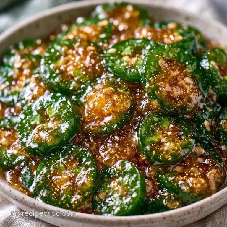Slices of candied green peppers piled high in a rustic bowl next to a block of creamy white cream cheese.