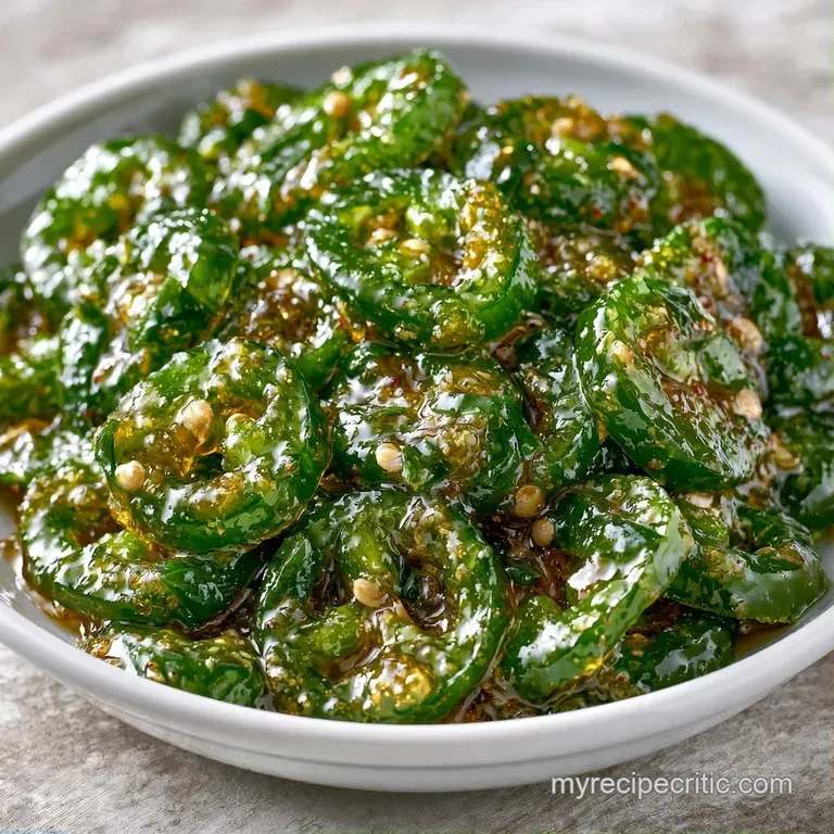 Glossy green pepper slices piled high in a small ceramic bowl, glistening under soft light with a syrupy sheen.