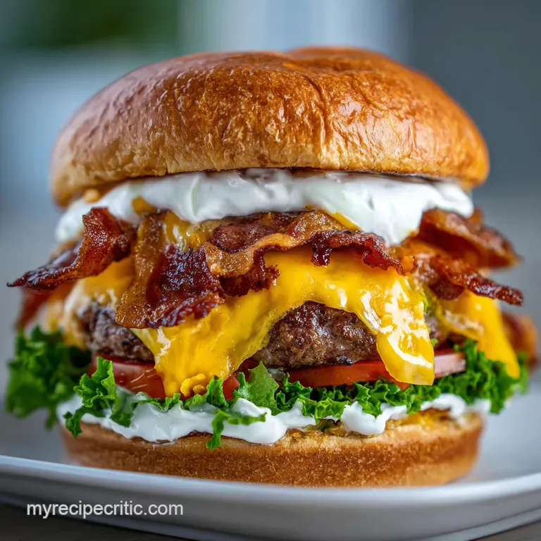 Plated burger with crisp lettuce and ripe tomato. Dripping sauce hints at savory flavors and tempting textures.