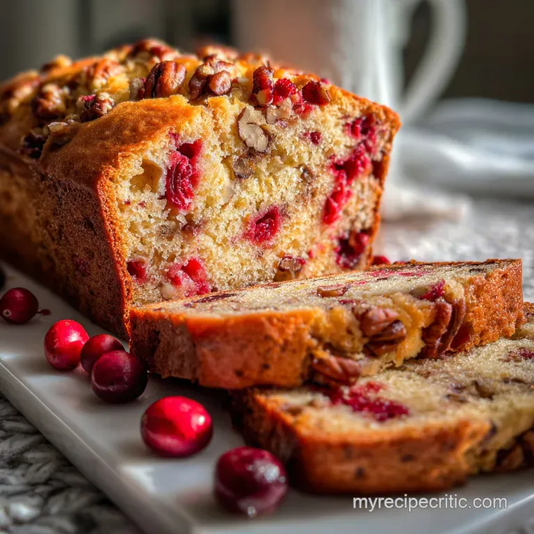 Slices of moist cranberry nut bread are artfully arranged, showing a soft crumb and visible cranberries. Zesty orange peel...