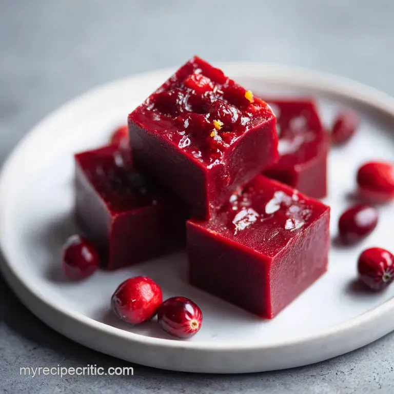 Squares of cranberry orange fudge artfully arranged on a white plate, sprinkled with orange zest. A tempting, sweet indulg...