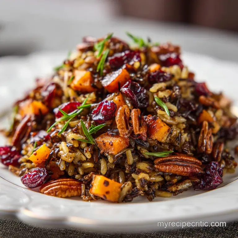 A generous scoop of pilaf, topped with toasted pecans and a sprig of fresh rosemary.