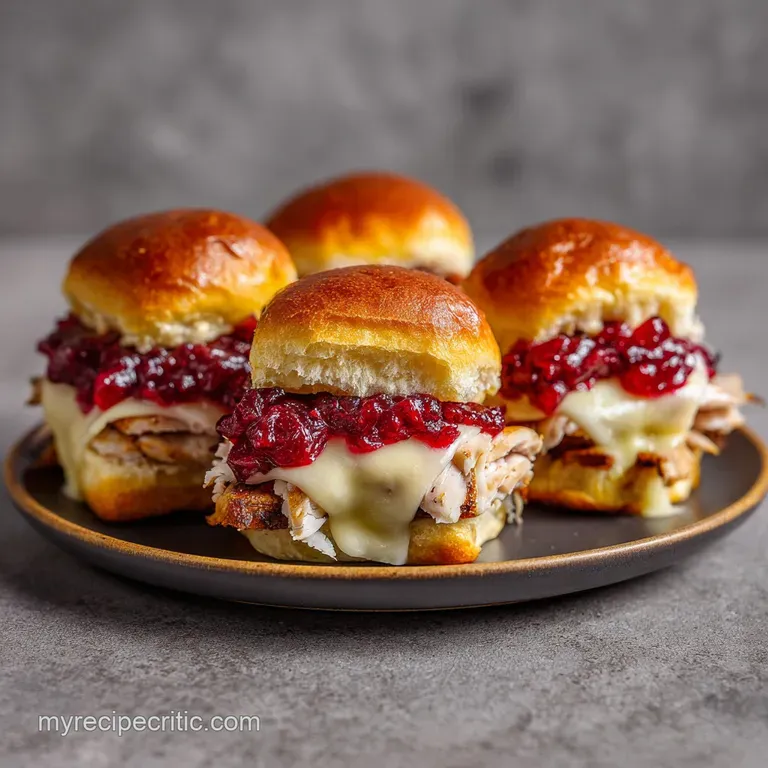 Neatly arranged toasted sliders with melted white cheese and deep red cranberry jam on a white ceramic platter.