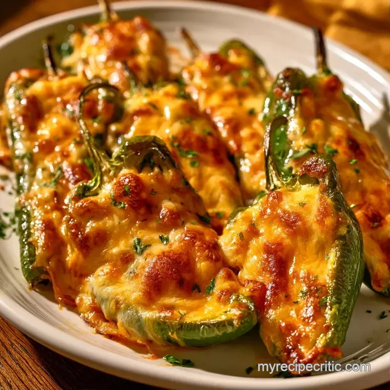 Roasted green peppers overflowing with creamy white filling on a ceramic plate, garnished with red paprika.