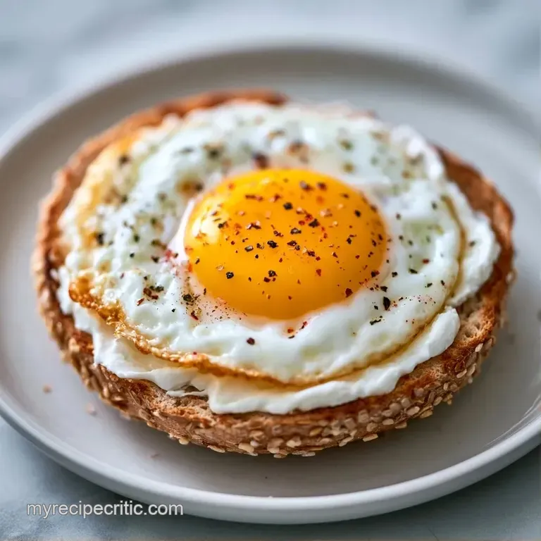 A sliced golden bagel on a white marble surface, showing layers of thick cream cheese and fluffy yellow eggs.