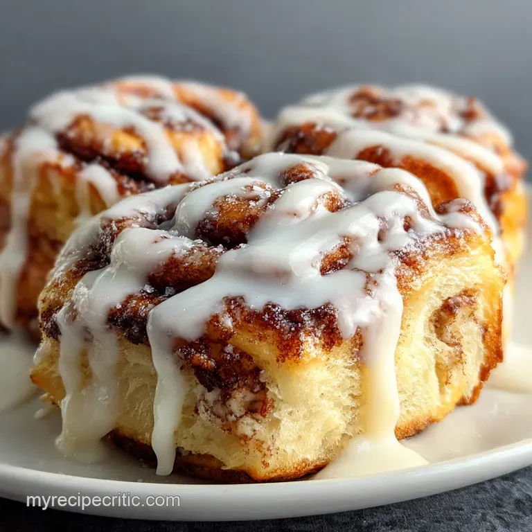 Single cinnamon roll with a generous topping of cream cheese frosting. Soft doughy layers with a hint of cinnamon visible....