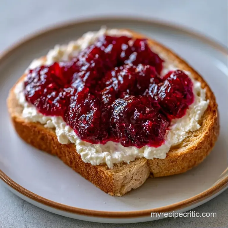 Symmetrically sliced sandwiches on a marble slab, showing layers of stark white cheese and translucent ruby jelly.