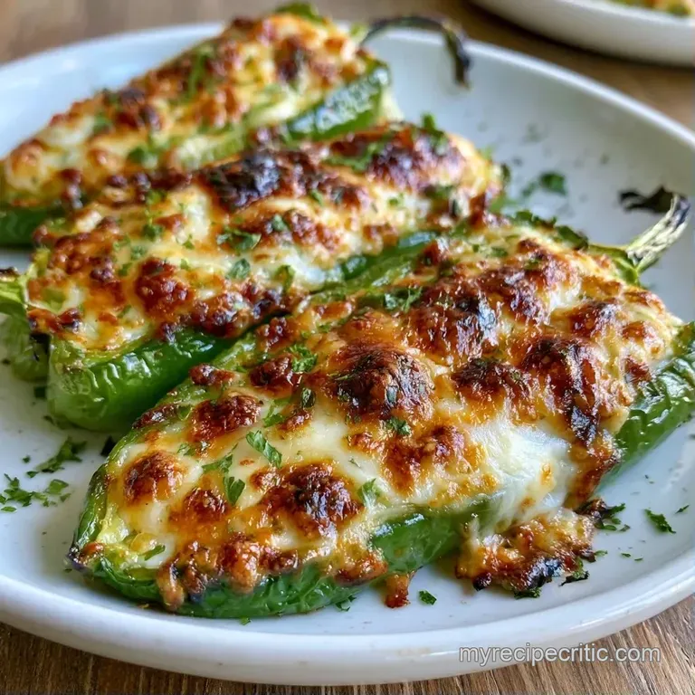Three roasted green chilies filled with savory stuffing, topped with melted cheese on a modern dark slate plate.