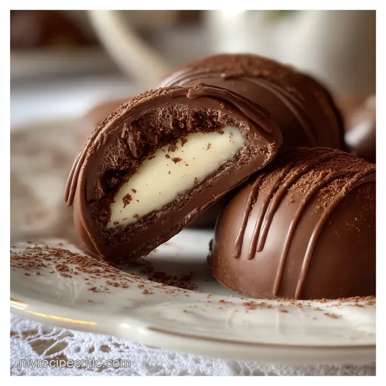 Two dark chocolates plated elegantly. A delicate swirl of powdered sugar dusts the plate adding a touch of sweetness.