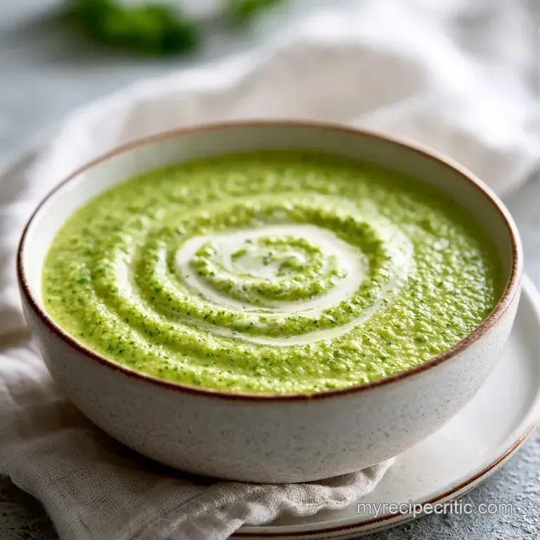 Velvety pale green soup in a white ceramic bowl, topped with a drizzle of cream and a crispy garlic crouton.