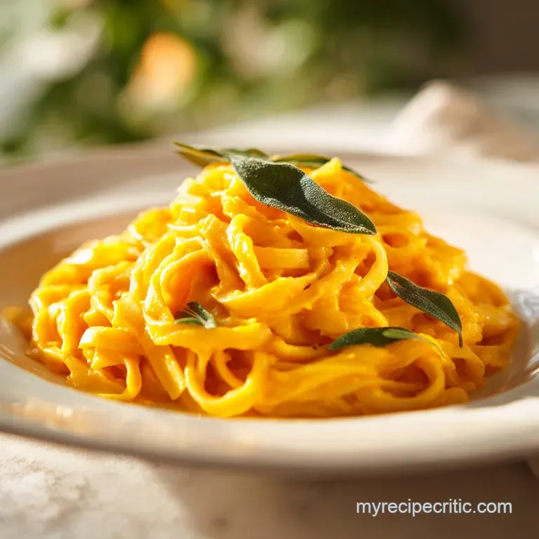 Elegant plate of butternut squash pasta garnished with crispy sage leaves and a drizzle of olive oil. A sprinkle of black ...
