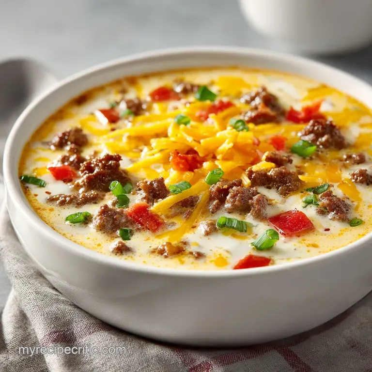A rich, creamy soup bowl with swirls of cheese and tender ground beef, garnished with fresh chives.