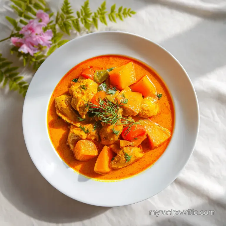 A rich, creamy curry served in a rustic bowl, topped with a swirl of coconut cream and bright green herbs.
