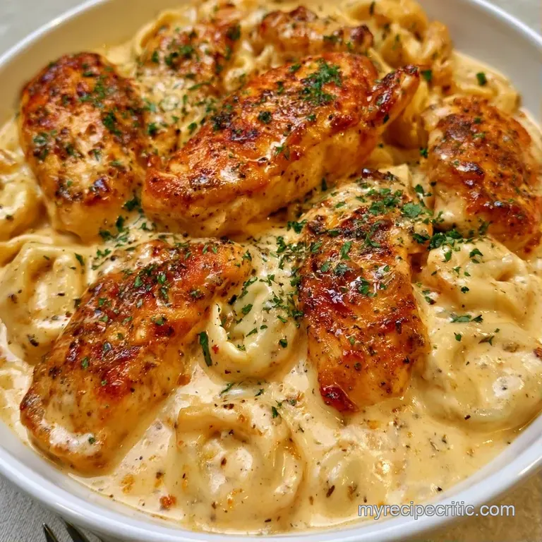 Plated pasta in a creamy sauce topped with cracked black pepper and bright green herbs in a shallow white ceramic bowl.