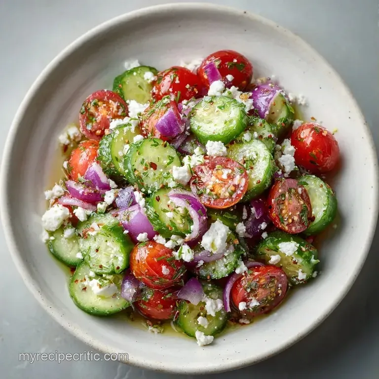 Vibrant green cucumber rounds and white feta crumbles topped with red onion and dill on a modern ceramic plate.