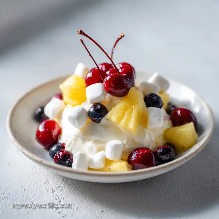 Chilled dessert salad served in a clear glass bowl showing vibrant swirls of red fruit and creamy white mixtures