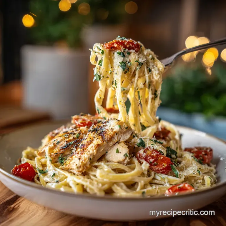 An artfully arranged bowl of pasta, showcasing plump cherry tomatoes and glistening chicken, drizzled with sauce.