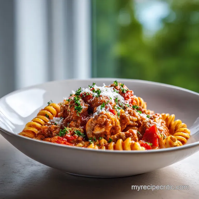 A generous serving of golden pasta coated in rich sauce, adorned with vibrant red pepper flakes and a sprinkle of parmesan.