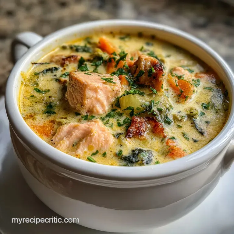 Elegant bowl of salmon chowder garnished with fresh dill, a swirl of cream, and crusty bread on a linen napkin.