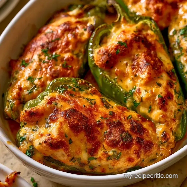 Two roasted green peppers filled with savory stuffing, garnished with fresh parsley on a dark slate platter.