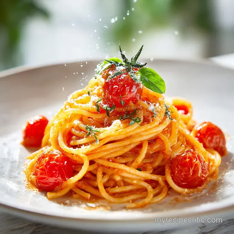 Perfectly plated creamy tomato pasta. Garnished with fresh basil and a dusting of parmesan; steam rises, suggesting warmth.