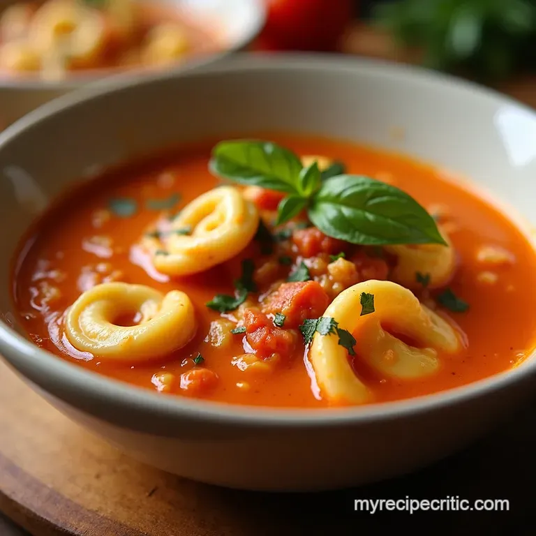 Creamy Tomato Tortellini Soup with Spinach Basil presentation