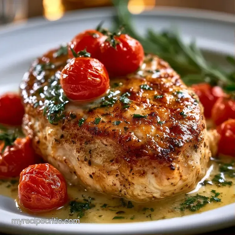 Seared chicken breasts nestled in a rich, creamy sauce with bright red tomatoes on a clean white ceramic platter.