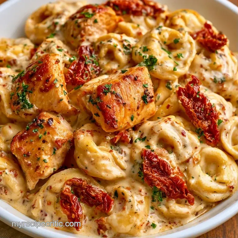 Cheesy pasta and golden chicken in a white bowl, garnished with fresh parmesan shavings and bright red tomatoes.