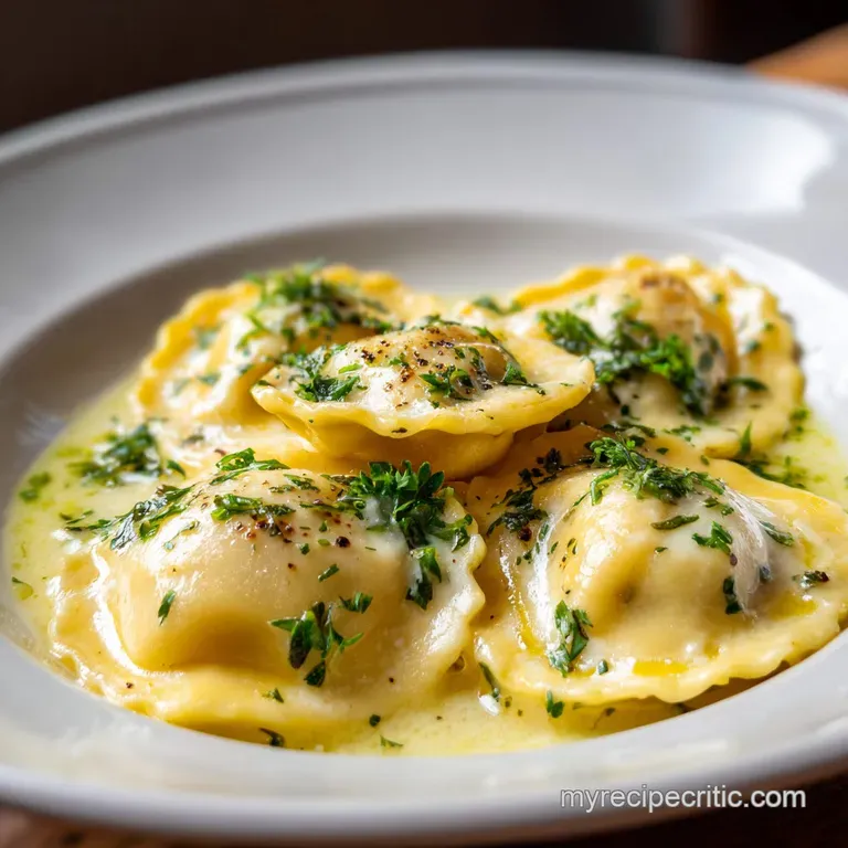 Artfully arranged ravioli with a luscious, satiny sauce, garnished with bright green herbs and a sprinkle of parmesan chee...