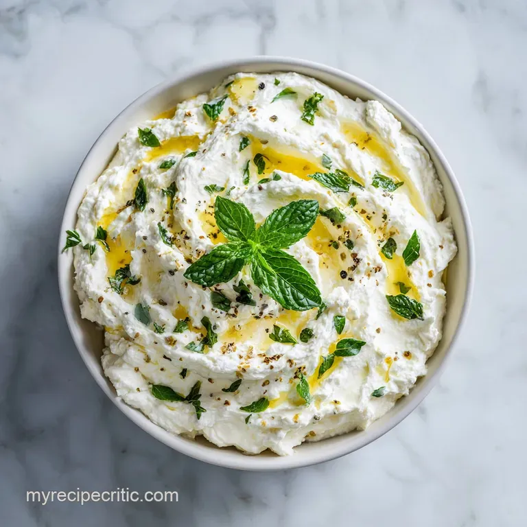 Smooth, airy feta dip served in a rustic bowl, drizzled with oil, with pita bread on the side.