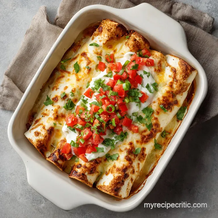 A beautifully arranged plate of creamy enchiladas, drizzled with sauce and garnished with vibrant cilantro.