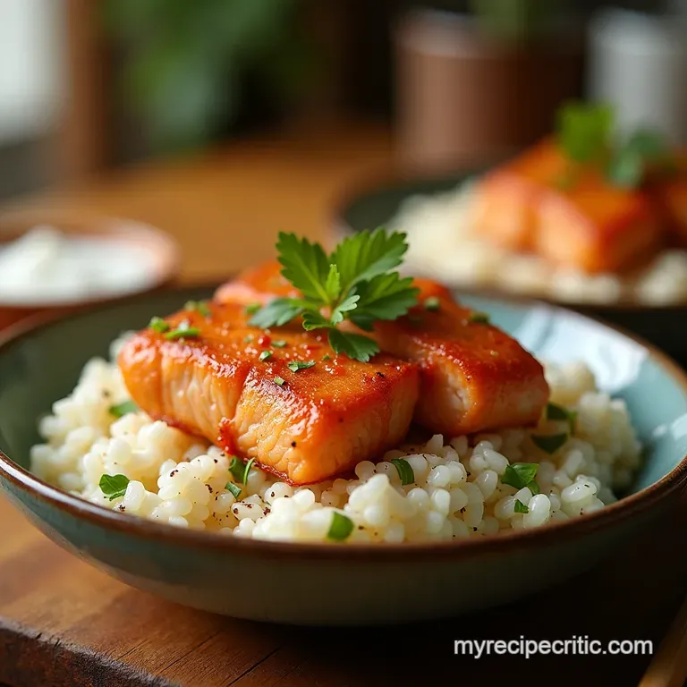Firecracker Salmon Bites Bowls with Creamy Coconut Rice and Tangy Slaw presentation