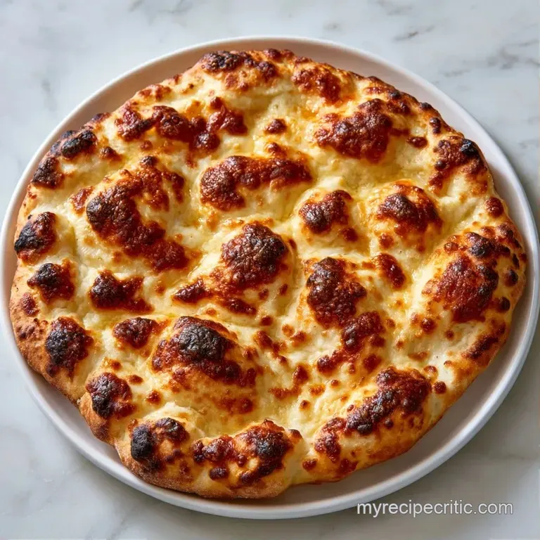 Two thin, toasted flatbreads with golden bubbles, served on a white ceramic platter with a side of fresh herbs.
