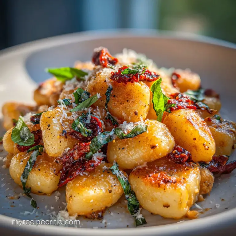 Pan-seared gnocchi artfully arranged on a white plate, dotted with blistered cherry tomatoes and basil, steam rising gently.