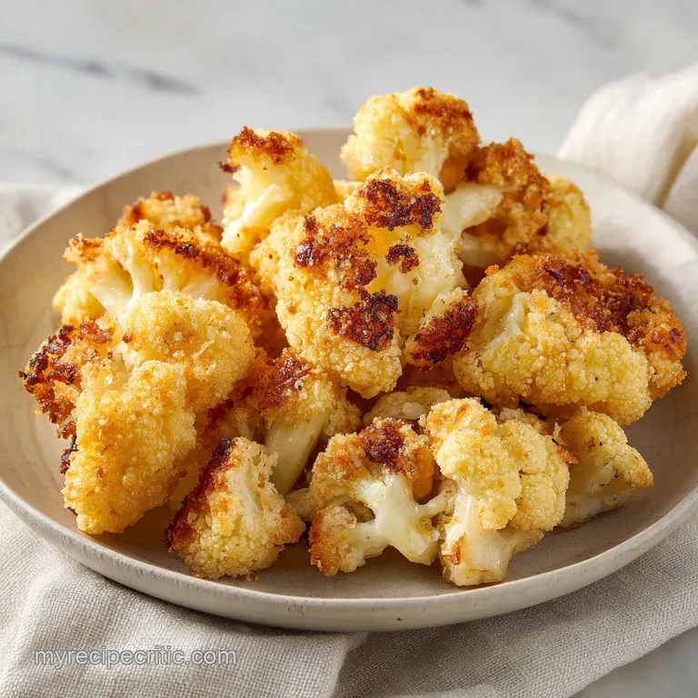 Golden cauliflower florets arranged on a white ceramic platter with bright lemon wedges and a drizzle of olive oil.