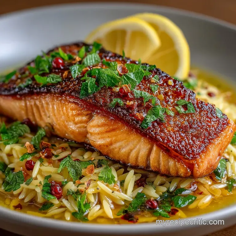Crispy Skin Salmon with Sunshine Lemon and Dill Orzo presentation