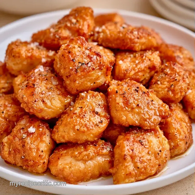 Perfectly cubed golden fried chicken served with vibrant red chilies and green onions on a clean white platter.