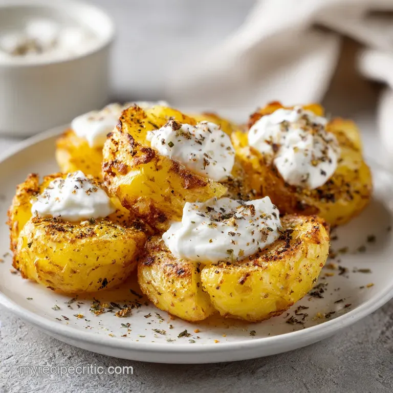 Crispy golden potato rounds artfully arranged on a slate plate, finished with fresh dill and creamy herb dressing.