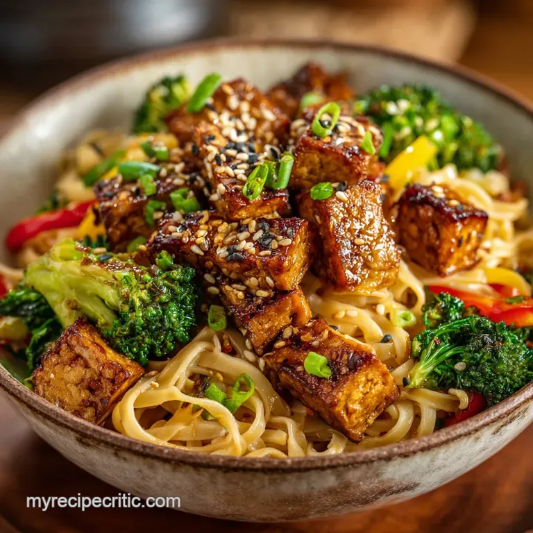 The Ultimate Crispy Tofu Vegan Teriyaki Noodle Bowl presentation