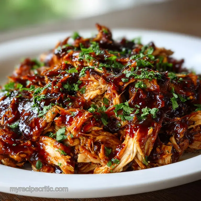 Pile of tender pulled chicken, drenched in glossy BBQ sauce, overflowing from a toasted brioche bun with creamy coleslaw.