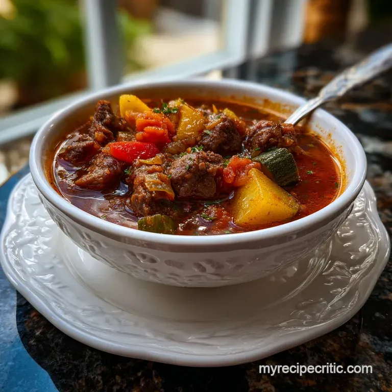 A single serving of the savory soup in a rustic bowl, garnished with fresh herbs and a drizzle of olive oil, enticing flav...
