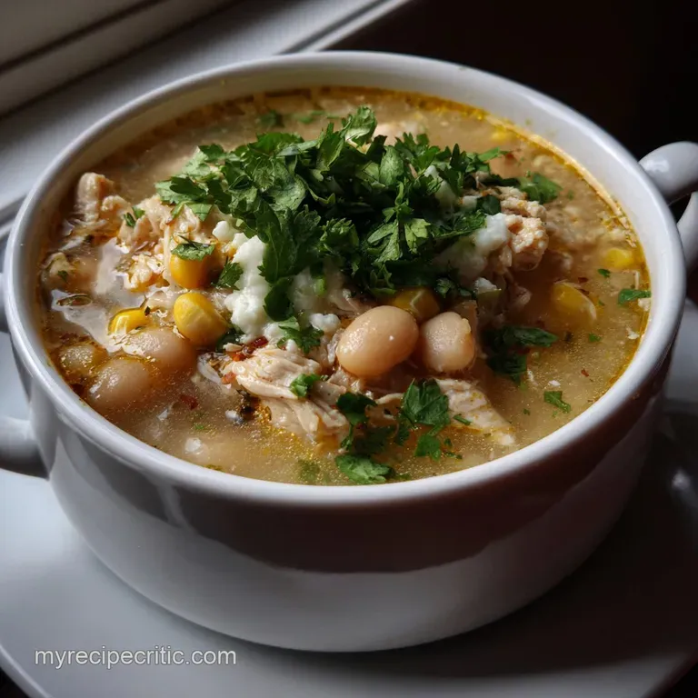 Elegant white chili in a white bowl, speckled with green herbs, alongside a rustic wooden spoon. The creamy texture is app...