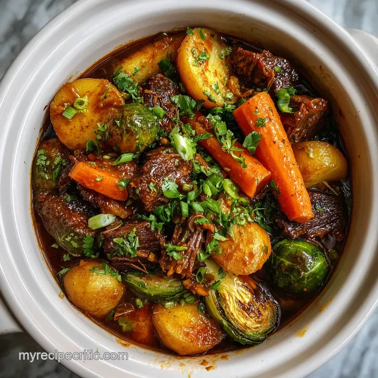 Elegant plating: Tender beef chunks and colorful vegetables arranged artfully with fresh parsley garnish, creating a welco...